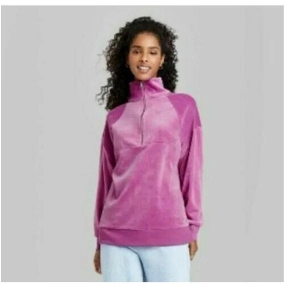 Wild Fable Quarter Zip Velour Tunic Purple Crew Neck Sweater - Picture 1 of 3